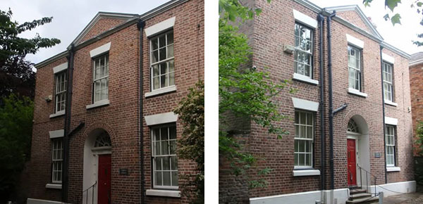 Before and after photo of removal of unsuitable cement mortar and replaced with breathable lime and sand at North Wales property