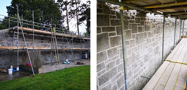 Before and after photo of limestone wall repointed in a suitable lime mix