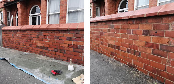 Before and after photo of small brick wall in Wrexham repointed in lime