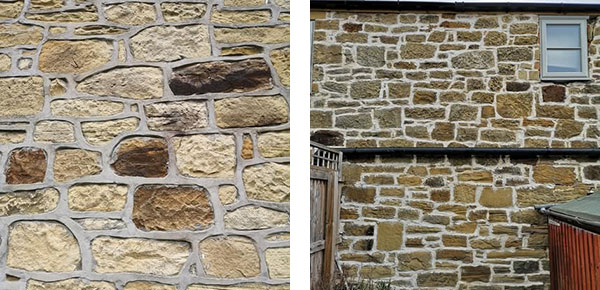 Before and after photo of limestone wall repointing