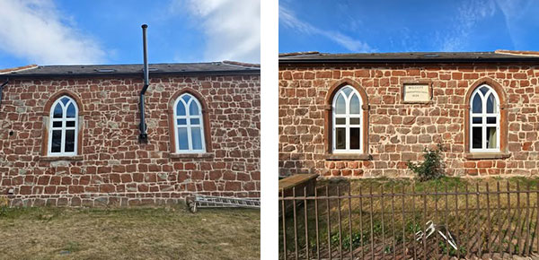 Before and after photo of sandstone chapel repointing in Wrexham