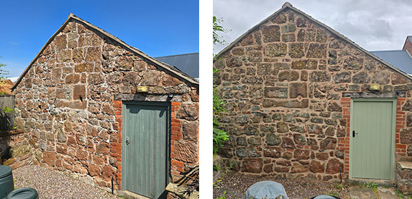 Before and after photo of cement mortar removed and replaced with a hot lime mix